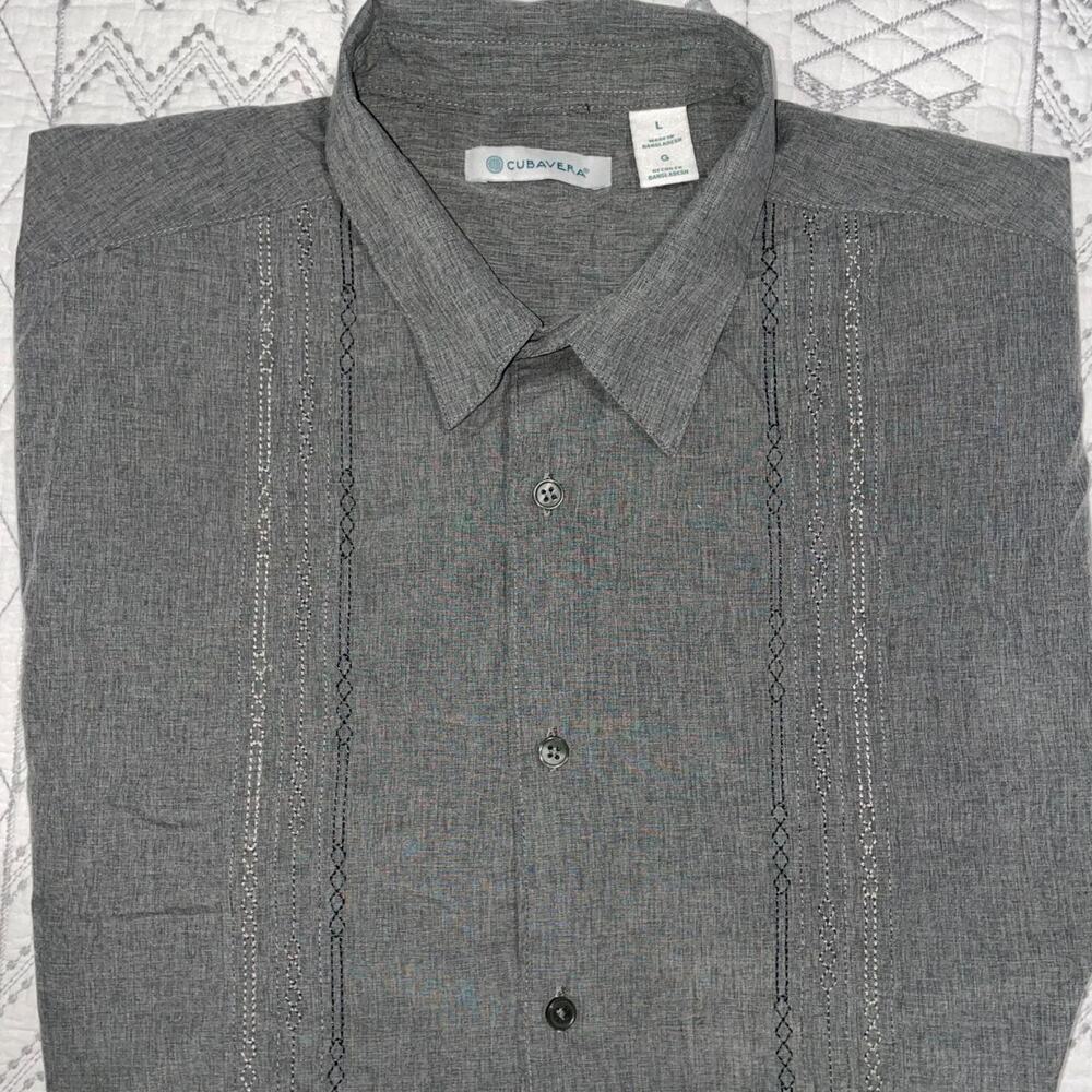 Cubavera Men's Geo Embroidered Panel Chambray Shirt, "Latin Flair"
